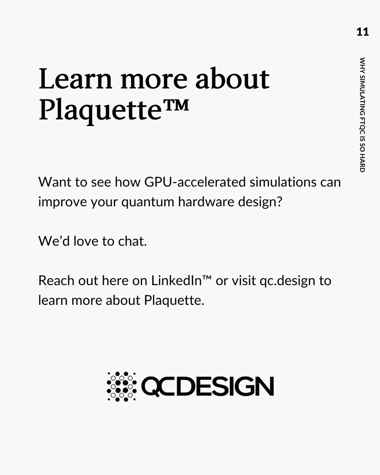 Closing slide: Learn more about Plaquette at qc.design with QC Design logo