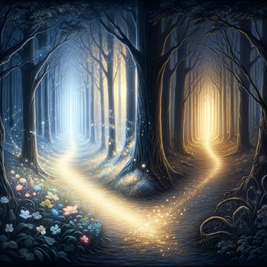 Illustration of two diverging paths through a forest, representing the different paths of NISQ and fault-tolerant quantum computing.