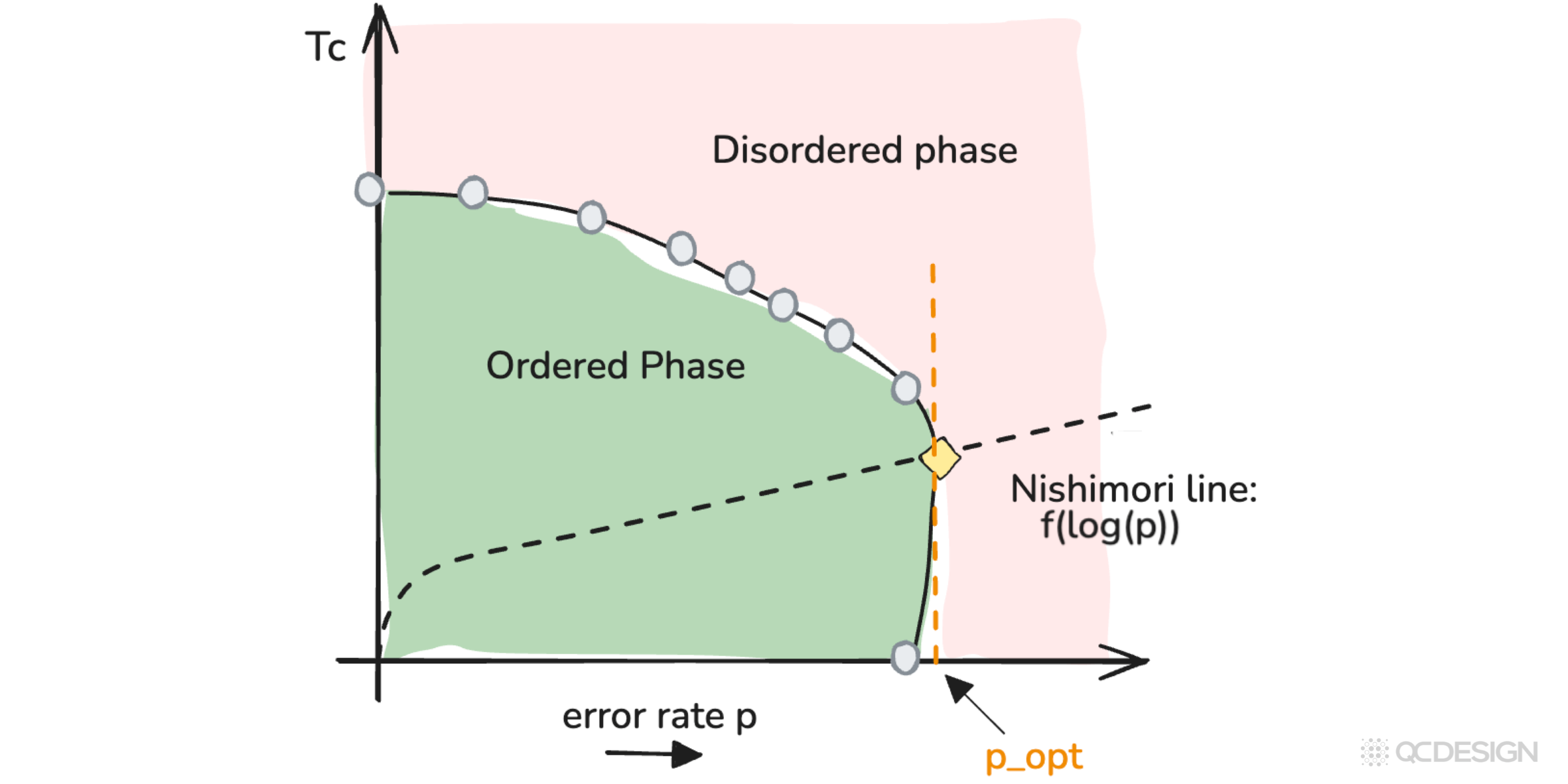 Phase diagram showing the ordered and disordered phases of the spin model, with the phase boundary intersecting the Nishimori line at the optimal error threshold p_opt.